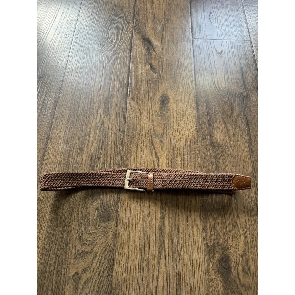 Men's Brown Braided/Woven Elastic Belt w/ Leather Tips Silver Buckle 1in